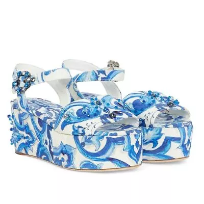 NEW! DOLCE & GABBANA Blue Majolica Print Crystal Platform Wedge Canvas Sandals-8 • $450