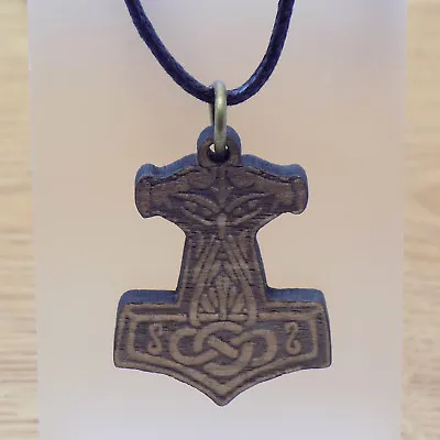 Wooden Thor’s Hammer Mjolnir Pendant & Black Cord Necklace Celtic Viking Jewelry • $14.39
