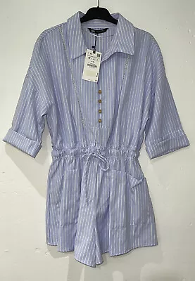 Zara Blue Striped Collared Short Playsuit With Lace Trim Patch Pockets Size M • £29.99