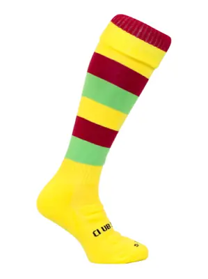 Yellow Maroon And Green Hooped Rugby Hockey Football Socks • £4