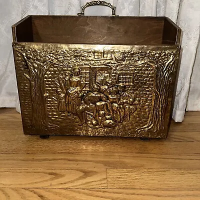 Vtg Hammered Brass Metal Wood Newspaper Magazine Rack Box Women Men And Children • $53