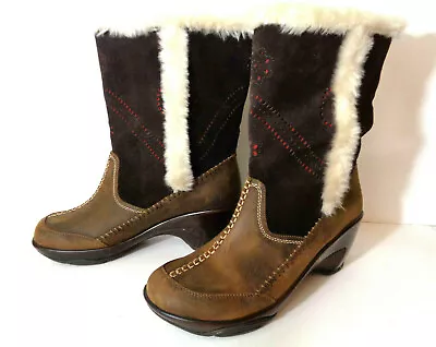 J-41 ADVENTURE ON Naples 7M Pull On Wedge Boots Brown Leather - Faux Fur Lining! • $34.99