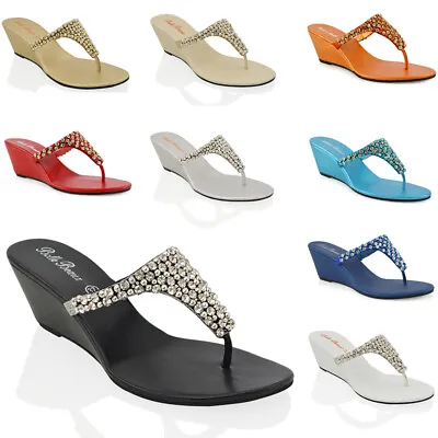 Womens Low Heel Wedge Diamante Toe Post Ladies Sparkly Holiday Party Sandals 3-9 • £24.99