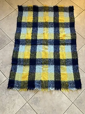 Vintage Glen Cree Mohair Blue And Yellow Plad Blanket • $54.99