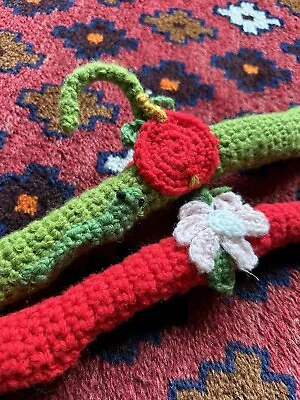 2 Vintage Handmade Crochet Padded Children’s Hangers Flower & Worm W/Apple • $28