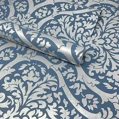 £5.49 • Buy Denim Blue & Metallic Silver Grey Large Floral Damask Feature Wallpaper FD42531