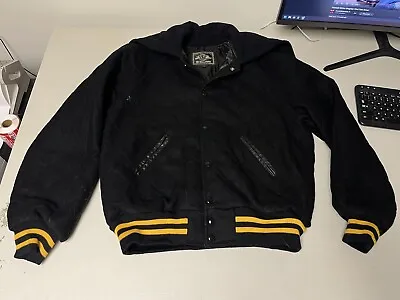 Holloway College Jacket Large Varsity Letterman Wool Leather Black Yellow • $59.99