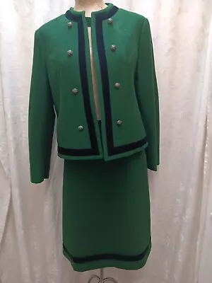 60's 70's Green Wool Black Velvet Austrian Wool Skirt Suit Medium • $150