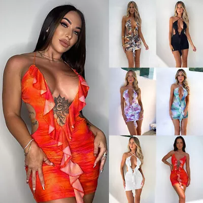 Womens Bodycon Party Mini Dress Sexy Deep V Halter Neck Ruffles Backless Dresses • £11.56