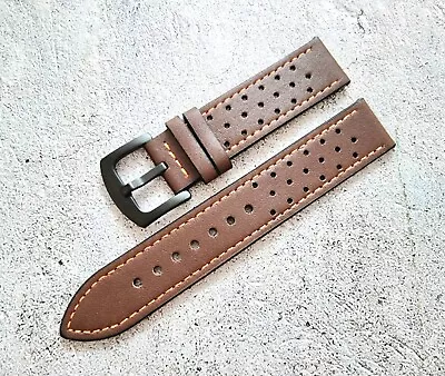 £4.45 • Buy Perforated Rally Leather Watch Strap Band Orange Stitch Quick Release Pins 22mm 