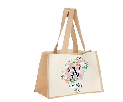 £11.99 • Buy Personalised XL Jute Bag Shopping Bag Navy & Peach Floral Letter Bridesmaid Nan 