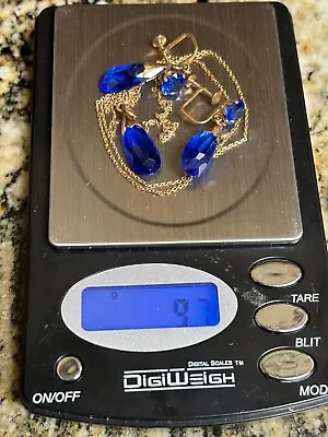 Estate Vintage 18k Gold Tear Drop Screw Back Earrings Necklace Blue Glass • $425