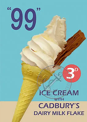 Vintage Poster ICE CREAM Advert Cadbury 99 Flake Cafe Tea Shop Bar 60s Print A3  • £9.99