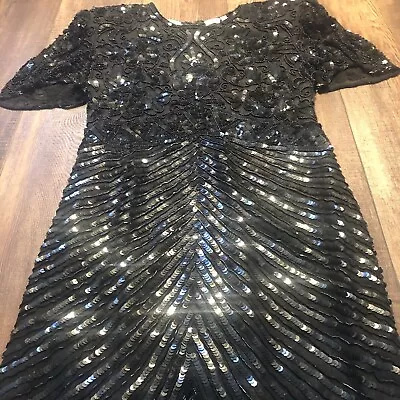 VTG American Night Colorful Sequin Black Cocktail  Dress 100% Natural Silk.Small • $64.99