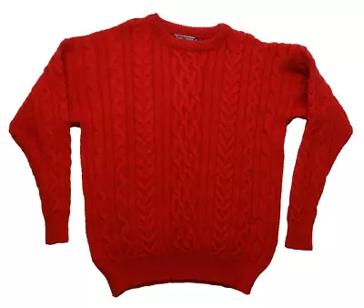 Woolovers Men XL 100% Wool Red Cable Knit Crewneck Sweater Fisherman Irish Aran • $47.98