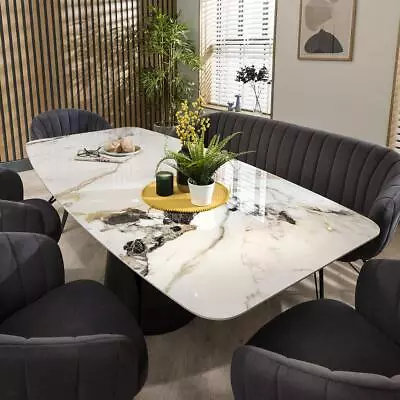 6 Seater Modern Bench Dining Set With Grey Chairs - Ceramic Marble Dining Table • £2609.35