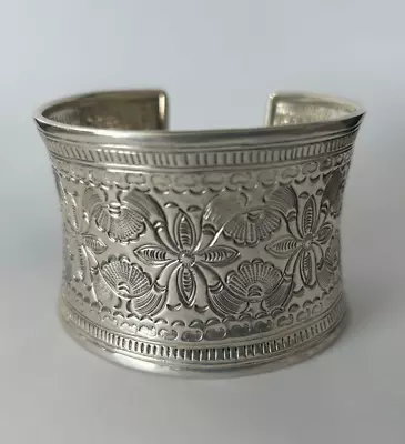 Beautiful Vintage .925 Sterling Silver Statement Wide Engraved Cuff Bracelet • $155