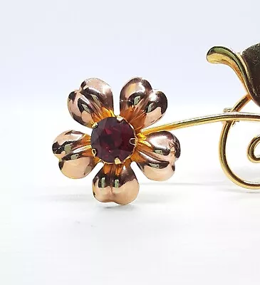 Vintage Van Dell Tri-color Gold Filled Flower Pin Brooch With Genuine Garnet • $20