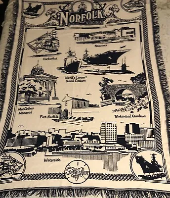 Navy Blue & White Norfolk Virginia Woven 51 X71  Throw Blanket Nautical Tapestry • $40