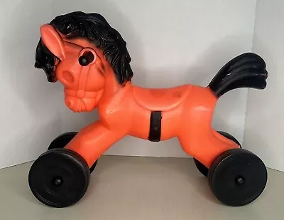 Blow Mold Kids Ride On Horse Toy Orange With Black Wheels Vintage Toy Box 19” • $50