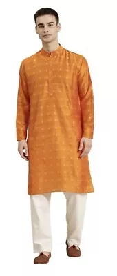 SOJANYA Since 1958  Men S Cotton Orange Silver Design Only Long Kurta XXL 44 • £12.99