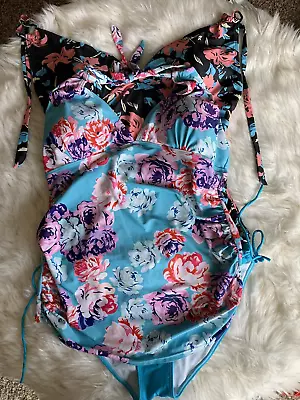 Maternity Bathing Suit XL 2XL Two Piece Tankini Blue Black Floral Padded Deep V • $15