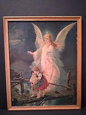 VTG Guardian Angel Guiding Children On Bridge Framed Lithograph Board 16 X 20 • $29.95