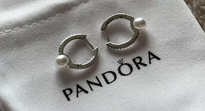 Treated Freshwater Cultured Pearl & Pavé Hoop Earrings Pandora • £80