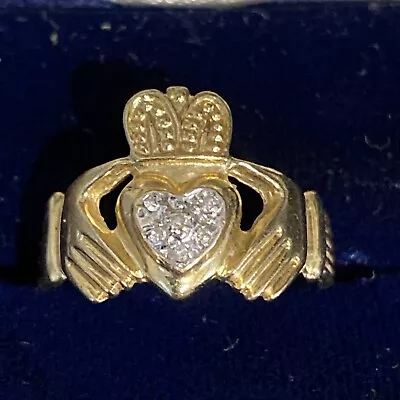 Vintage 10k Yellow Gold & Diamond Irish Claddagh Ring Size 7 2.69 Grams • $229.99