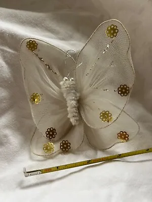 Vintage Butterfly Christmas Pipe Cleaner & Net Stocking Ornament Japan White • $12