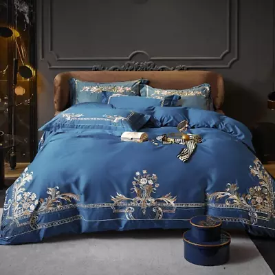 £159.23 • Buy Blue Flower Embroidered Duvet Cover Luxury EgyptianCotton Bedding Set QueenSize