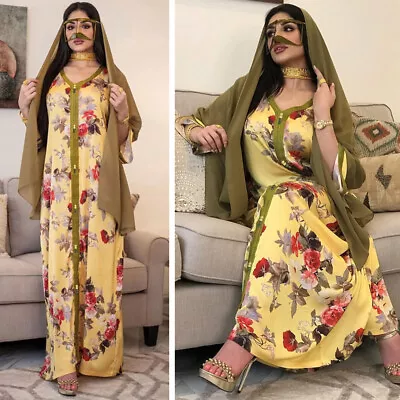 Moroccan Muslim Women Floral Abaya Dress Evening Party Dubai Robes Kaftan Gown • $39.94