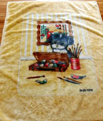 Baby Mink Puppy With Paints Blanket  Yellow Dog Throw Cute Cuddly Vintage • $22.63