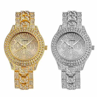 Luxury Full Rhinestone Roman Numeral Dial Stainless Steel Band Quartz Wristwatch • $12.99