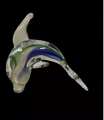 Murano Hand Blown Dolphin Art Glass Figurine Glowing Blue And Green Gold Glitter • $30
