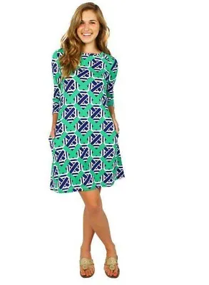 NEW Barbara Gerwit Size Small Stretch Jersey Navy/White/Green Ribbons Dress $147 • $26