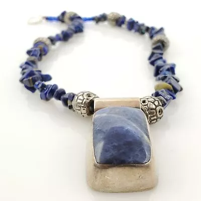 Vintage Taxco 925 Silver Pendant Silver Tone Sodalite Necklace Beaded 15in 59.9g • $45