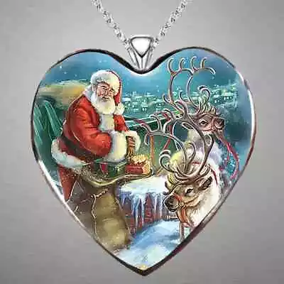 Christmas Santa Claus And Elk Reindeer Heart Pendant Necklace • $11.88