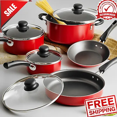 $27.99 • Buy 9 Piece Cookware Set Nonstick Pots Pans Home Kitchen Cooking Non Stick, Red Free
