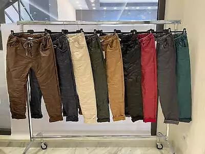 Italian Wet Look Ladies Faux Leather Magic Pants Joggers Trousers UK Size 10-20 • £18.99