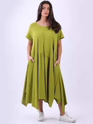 MADE IN ITALY Dress Lagenlook Swing Asymmetric Cotton OLIVE To Fit Size 14 To 20 • £28.95