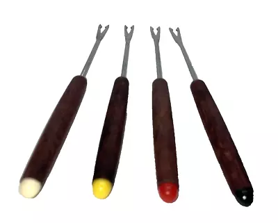 Fondue Forks Set Of 4 Stainless Steel Japan Wood Handle 7 Inches Color Tips Vint • $7.48