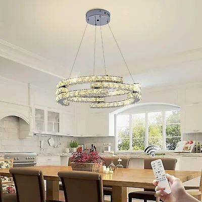Chrome Crystal 3 Ring Chandelier Dimmable Ceiling Pendant Light For Living Room • $142.25
