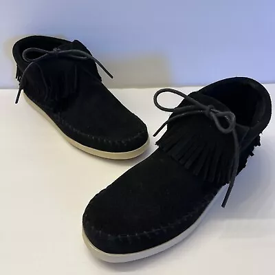 Minnetonka Womens Black Suede Slip On Fringed Boho Hippie Leather Moccasins 6 • £27