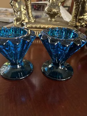 Vintage Viking Glass Bluenique Turquoise Blue Ribbed Epic Candle Holder Set Of 2 • $34.99