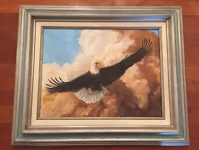 American Bald Eagle Oil Painting In Flight.  Framed. Signed J. Martin. • $155