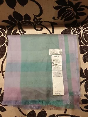 New M&S Blue Striped / Checked Scarf / Pashmina 19% Wool Blend With 81% Acrylic • £7.49