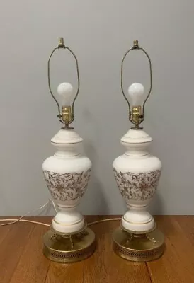 Vintage Pair Of French White Frosted Glass With Gold Gilt Design Urn Table Lamps • $125