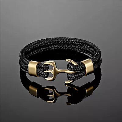 Men's Titanium Steel Black Cowhide Braided Anchor Bracelet - Stylish Accessory • $13.93