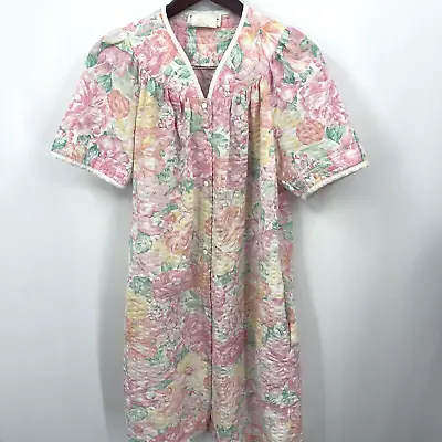 VTG Miss Elaine At Home Night Gown Robe Womens Small Seersucker Snap Floral READ • $19